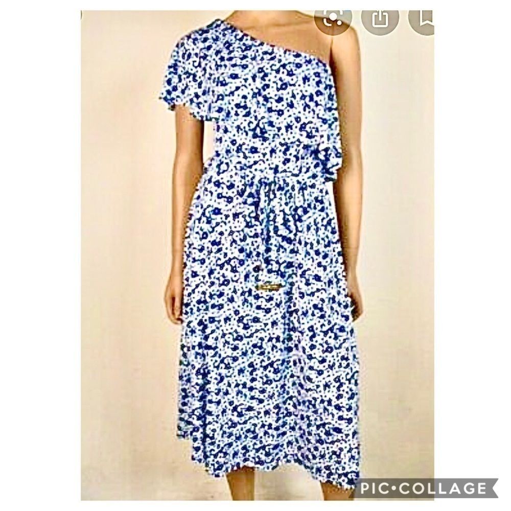 MICHAEL Michael Kors Blue and White One Shoulder Dress